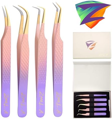Zane L.A. Nano Fiber Tip Professional Eyelash Extension Tweezers, a pack of 4, Quality tweezers made with Japanese Stainless Steel, FREE Eyelash Separator. (Purple Peach)