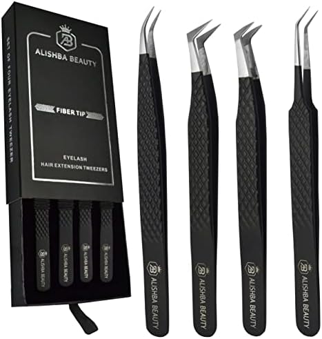 Alishba Beauty Eyelash Extension Tweezers, Precision Fiber Tip Grip Japanese Stainless Steel (Set of 4 Eyelash Tweezer) (BLACK MATT)