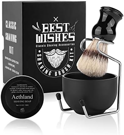 Aethland Shaving Brush Set for Men, 4 in 1 Include 100g Shaving soap, Badger Shaving Brush and Stainless Steel Shaving Stand & Shaving Bowl for Husband Father Birthday Boyfriend Gifts(B Black)