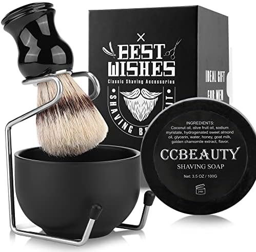 CCbeauty Mens Shaving Brush and Bowl Set, 4-in-1 Bristle Shave Brushes Kit with Stainless Steel Shaving Bowl & Soap Mug, Safety Razor Stand, Birthday Dad Gifts Set for Men, Black Soap 3.5Oz