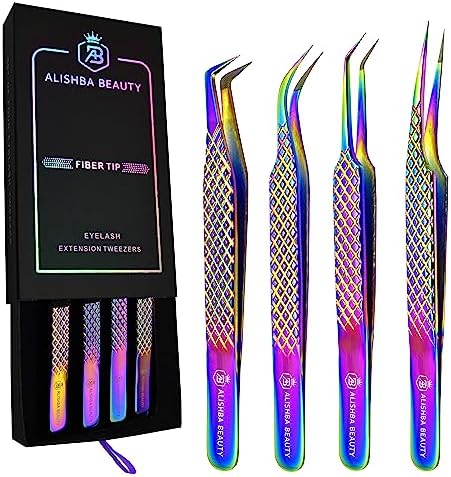 Alishba Beauty Eyelash Extension Tweezers, Precision Fiber Tip Grip Japanese Stainless Steel (Set of 4 Eyelash Tweezer) (RAINBOW AB-202)