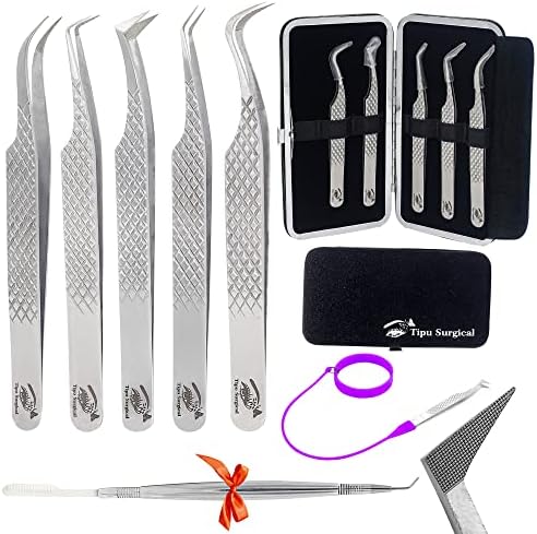 TIPU Lash Tweezers For Eyelash Extensions pack of 5 with Fiber Tip Tweezer for Lash Extensions- Japanese Stainless Steel - Ideal for Volume & Classic Lashes with Wristband and lash Mirror(Silver)