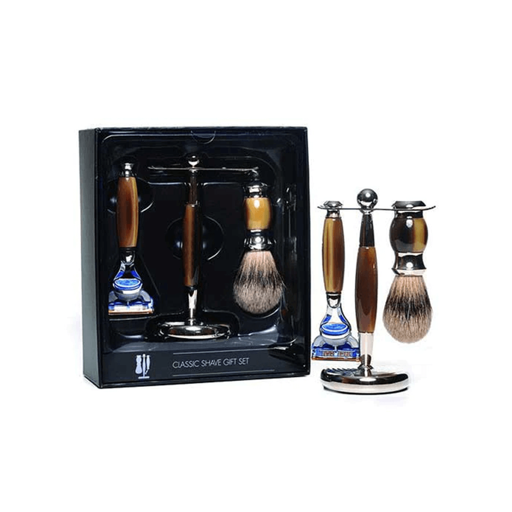 PureBadger Collection Brown Set, Faux Horn Silvertip Shaving Brush, Fusion Razor & Stand