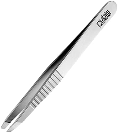 Rubis Pro Grip Classic Stainless Steel Slanted Tweezers For Precise Eyebrows and Hair Removal - Blackhead Remover Pointed Precision Tweezer with Sharp Precise Point for Men and Women 1K102PG