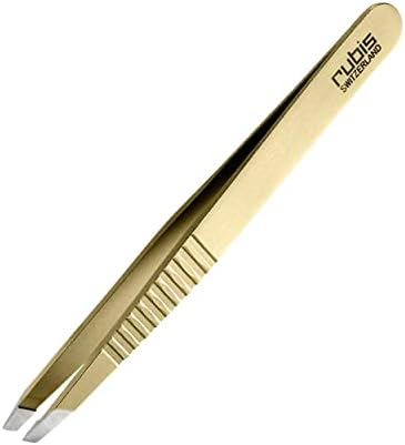 Rubis Classic Stainless Steel Slanted Tweezers with Pro Grip for Precise Eyebrows and Hair Removal, 1K103PGGOLD, Gold, The Gold Collection,Rubis Switzerland Swiss Made World Renowned Precision
