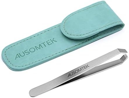 AUSOMTEK Beard Tweezers, White Hair Plucking Tweezers, Stainless Steel, Fine Hair Removal Tweezers, Eyebrows Shaping Tool, 5mm Tip, Cyan PU Case 1Pack