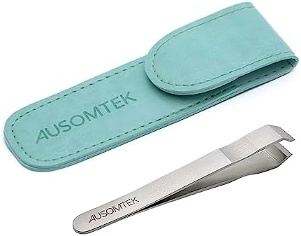 AUSOMTEK Beard Tweezers, Hair Plucking Tweezers, Fine Hair Removal Tweezers, Eyebrows Tool, Stainless Steel, 10mm Tip, Anti-Slip Slot Design, Cyan PU Case 1Pack