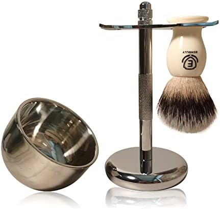 Premium Shaving Brush Kit-3 in 1 Shaving Brush Set for Men Includes Badger Synthetic Hair Shaving Brush,Stainless Steel Shaving Soap Bowl and Safety Stand for Mens Shaving Gift Set (Ivory White)