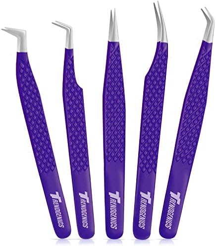 TrendGenics Eyelash Extensions Tweezers Professional Lash Tweezers for Volume, Isolation - Stainless Steel Hand Calibrated Straight/Curved & Angled Tips Precision Tweezers Set 5Pcs